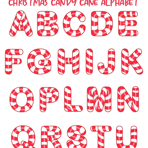 Candy Cane Alphabet, Cricut & Printable Candy Cane Alpha, Png, Jpg, Pdf, Instant Download, 300 DPI, 2" Letters, Alphabet Clipart, CU