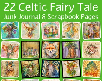 22 Celtic Fairy Tale Junk Journal Papers and Scrapbook Pages, Watercolor, Printable, 8.5" x 11", Wizards, Sorceress, Trees, Crystals, Fox