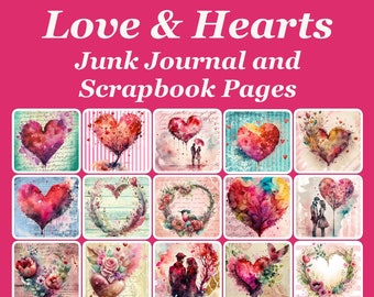 LOVE Junk Journal Papers and Scrapbook Pages, 20 Printable Watercolor Hearts & Lovers Digital Papers, 8.5" x 11", For Collages, Cards, More