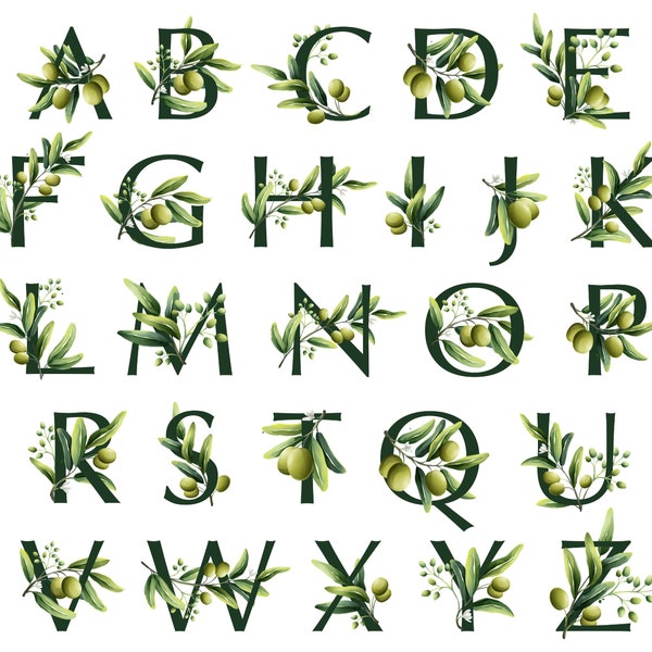 Olives ALPHABET, Cricut & Printable Olive Branch and Leaves Clipart, Png, Jpg, Pdf, Instant Download, 300 DPI, 2" Watercolor Letters