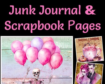 MASSIVE Pink Halloween Junk Journal & Scrapbook Pages, 52 Printable Watercolor Digital Papers, 100 Stickers, 50 Halloween Words, 6 Pockets