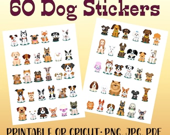 60 Dog Stickers, Cricut & Printable, Animal Clipart, 300 DPI, Png, Jpg and Pdf, 8.5" x 11" Paper, Make Your Own Stickers, Sticker Printing