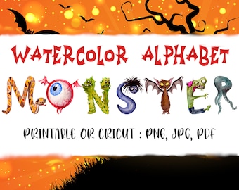 Monster ALPHABET, Watercolor, Cricut & Printable Clipart, Png, Jpg, Pdf, Instant Download, 300 DPI, 2.5" Letters, Halloween or Kids