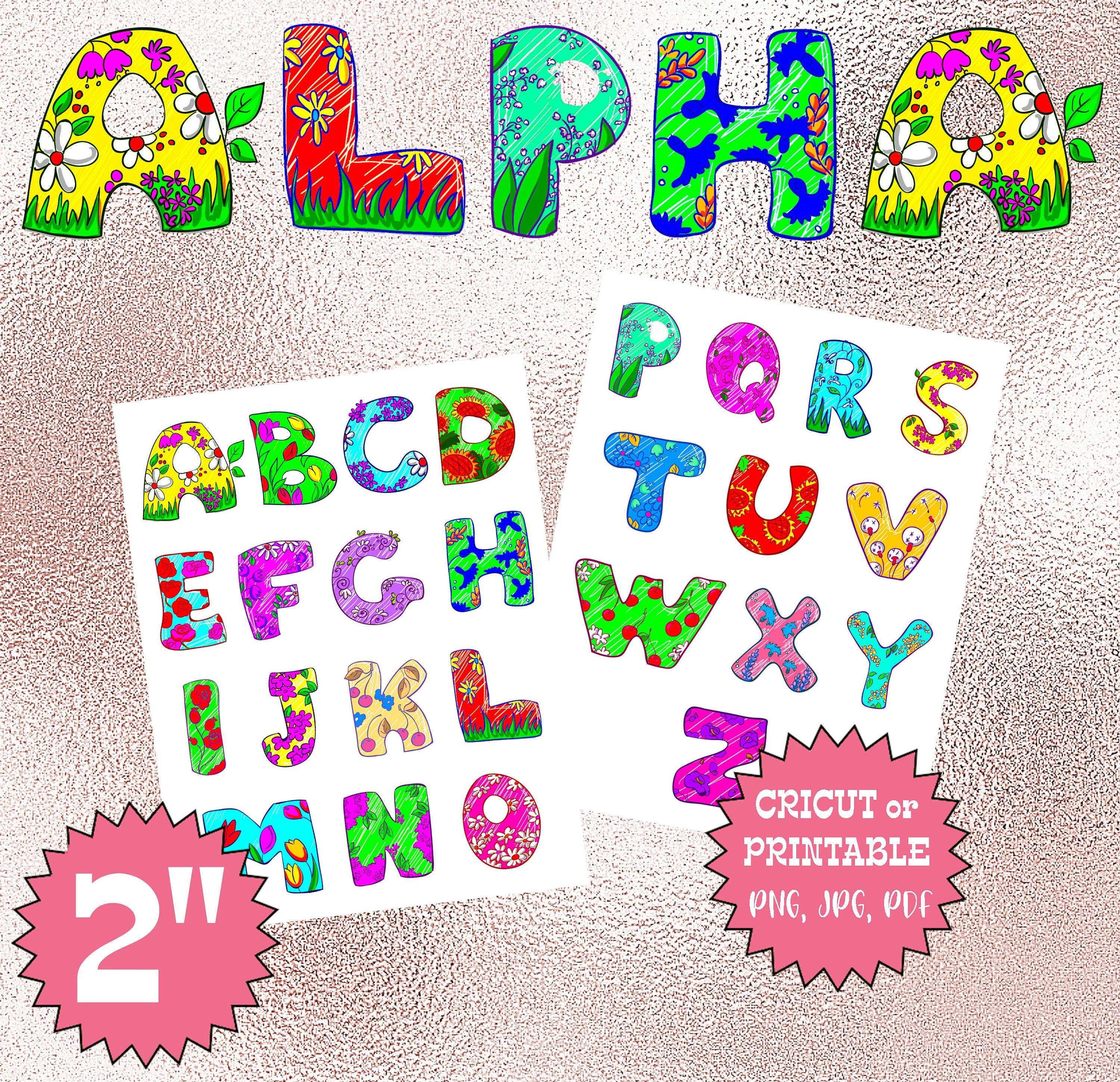 flower alphabet cricut printable floral clipart png jpg etsy