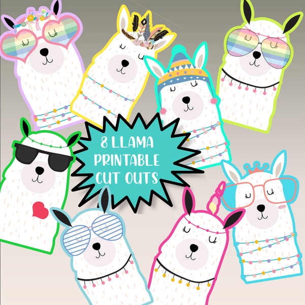 8 Funny LLAMA Cut Outs, DIY Printable Cut Out For Cupcake Toppers, Stickers & More, Instant Download, Digital Art, 2 Sizes