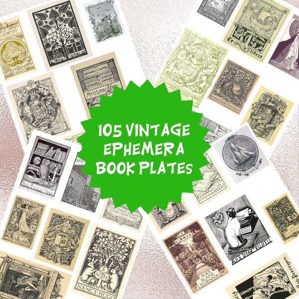 105 Vintage BOOKPLATES Printables, Paper Ephemera for Multiple Projects, instant Download, 300 DPI, Commercial OK