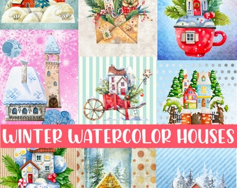 Winter Houses Junk Journal Pages, 20 Printable Watercolor Scrapbook & Junk Journal Papers, Stickers, Bookmarks, Pockets, Envelopes, 300 DPI