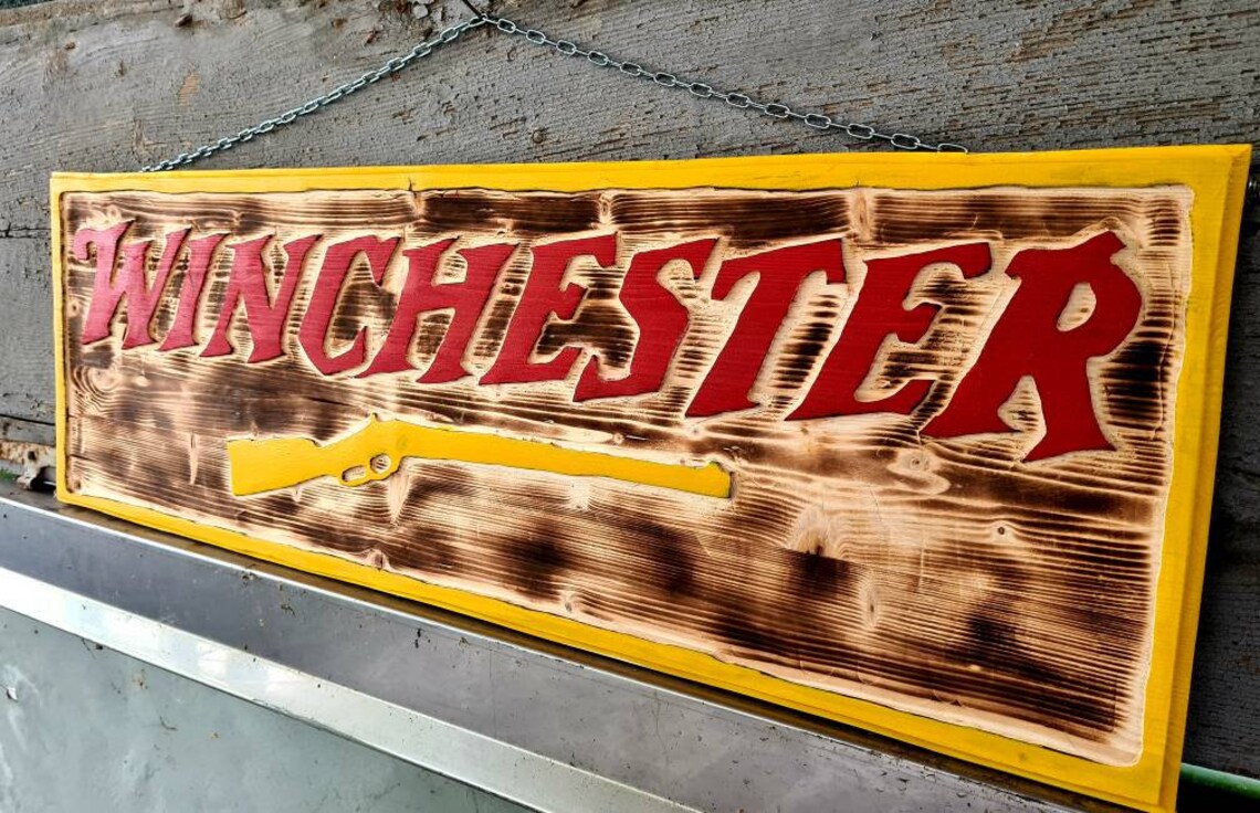 Sign Winchester handcarved in vintage wood for home office Etsy