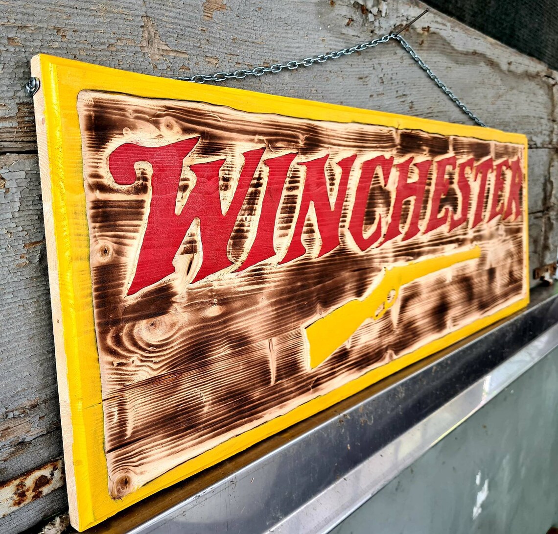 Sign Winchester handcarved in vintage wood for home office Etsy