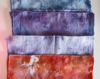 Aida 100% cotton hand dyed 14 stitch fabric for cross stitch embroidery. Blue Jeans, Purple, Orange/Coral.