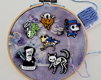 Needle Minders Halloween Tombs, Skeleton cat, Pumpkin, Ghosts, Poecasso, Cactus Skull, Mushrooms Skull, Frog Skeleton