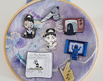 Needle Minders Monty Phyton Knight, Audrey Hepburn, Psychosis, Bang Bang Hands, Law and Order SVU, Beetlejuice Newspapper
