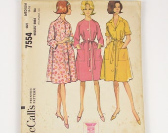 Vintage McCalls Sewing Pattern from 1964, Buttoned House Coat or robe in size medium 14-16 UNCUT, McCalls 7554