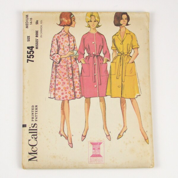 Vintage McCalls Sewing Pattern from 1964, Buttoned House Coat or robe in size medium 14-16 UNCUT, McCalls 7554