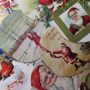 May include: A collection of vintage Christmas-themed circular images featuring Santa Claus in various poses. The images are in shades of red, white, and green, with some including text like "Merry Christmas". The overall theme is festive and nostalgic.