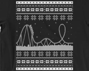 Roller Coaster Carnival Scene Ugly Christmas Sweater Style Short-Sleeve Unisex T-Shirt