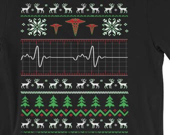 Doctor Nurse EMT Paramedic Ugly Christmas Sweater Style Short-Sleeve Unisex T-Shirt