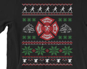 Firefighter Fireman Ugly Christmas Sweater Style Short-Sleeve Unisex T-Shirt