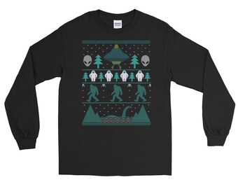 Sci Fi Bigfoot Aliens Yeti Ugly Christmas Sweater Funny Long Sleeve T-Shirt