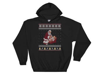 Santa Claus And Baby Jesus In The Manger Ugly Christmas Sweater Style Christmas Hooded Sweatshirt