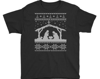 Nativity Scene Ugly Christmas Sweater Style Youth Short Sleeve T-Shirt