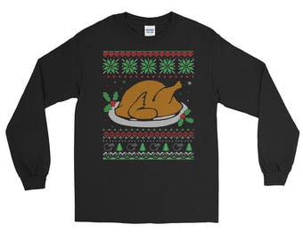 Ugly Christmas Sweater Style Thanksgiving Turkey Long Sleeve T-Shirt