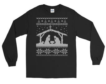 Nativity Scene Ugly Christmas Sweater Style Long Sleeve T-Shirt