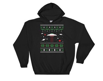 Sci FI Flying Saucer UFO and Alien Ugly Christmas Hooded Sweatshirt