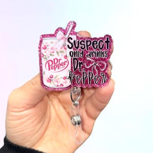 DP floral Suspect Soda can glitter Badge Reel cherry, RN, CNA, teacher, medical, Retractable Reel, healthcare, magnet, peds