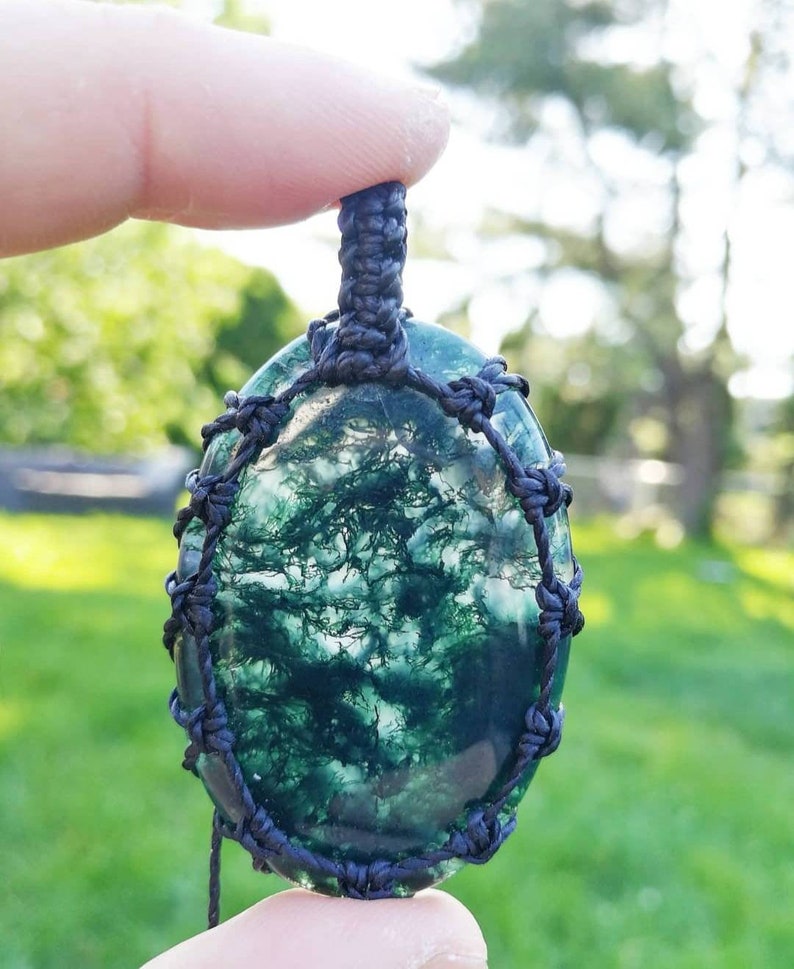 moss agate macrame necklace Green moss agate wrapped crystal, crystal necklace