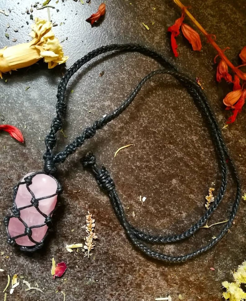 crystal necklace crystal wrapped macrame crystal wrapped necklace crystal macrame necklace Rose quartz crystal wrapped necklace
