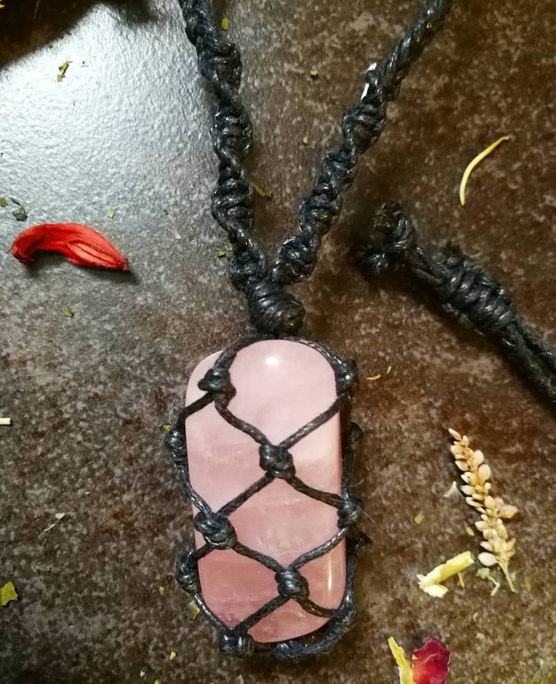 crystal necklace crystal wrapped macrame crystal wrapped necklace crystal macrame necklace Rose quartz crystal wrapped necklace