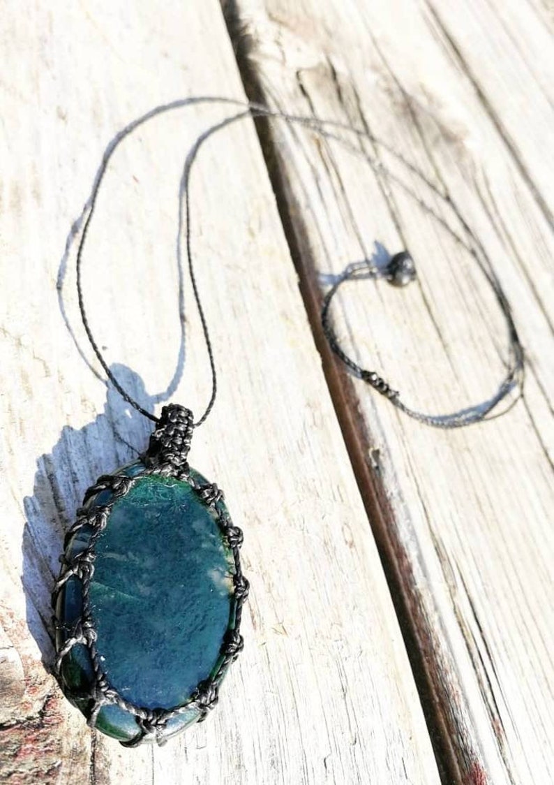 moss agate macrame necklace Green moss agate wrapped crystal, crystal necklace