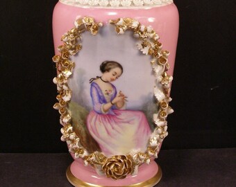 19 c Old Paris French Porcelain H- PAINTED Girl Portrait Schneeballen Gilt Vase