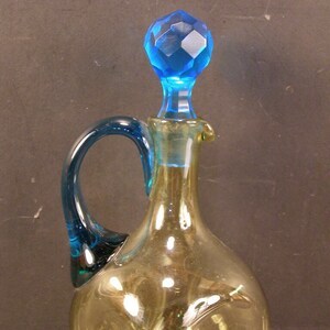 Victorian Moser Bohemian Amber & Blue Pinched Blown Glass Cruet Faceted Stopper
