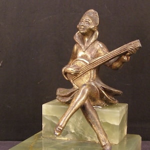 Antique Bronze Minstrel Banjo Pierrot Clown Statue Sculpture Jester Figurine 20s
