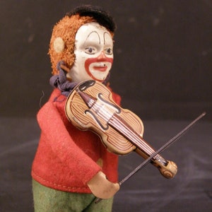 Vintage 30&#39;s Schuco Tin Wind Up Mohair Clown Violin Player Toy Germany Working