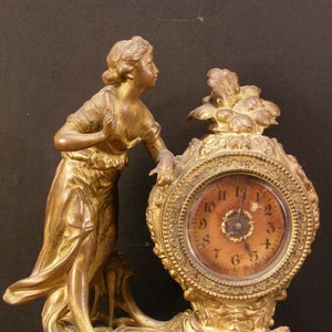 19th c Bronze Girl Figurine Woman Sculpture Lady Statue Mantle Shelf Gilt Clock