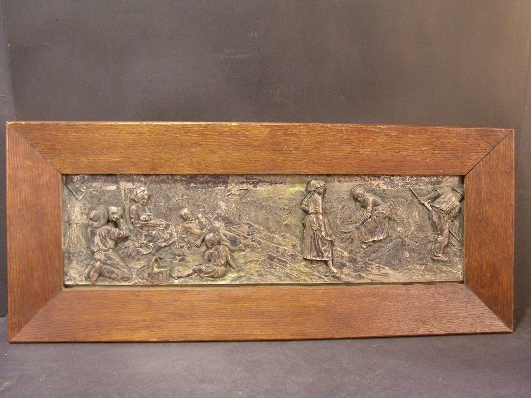 Antique Bas Relief Silver O Bronze Picture Oak Frame Farm Portrait ...