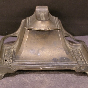 Antique Arts & Crafts Inkwell Stand Tray Pen Holder Glass Pot Continental Flower