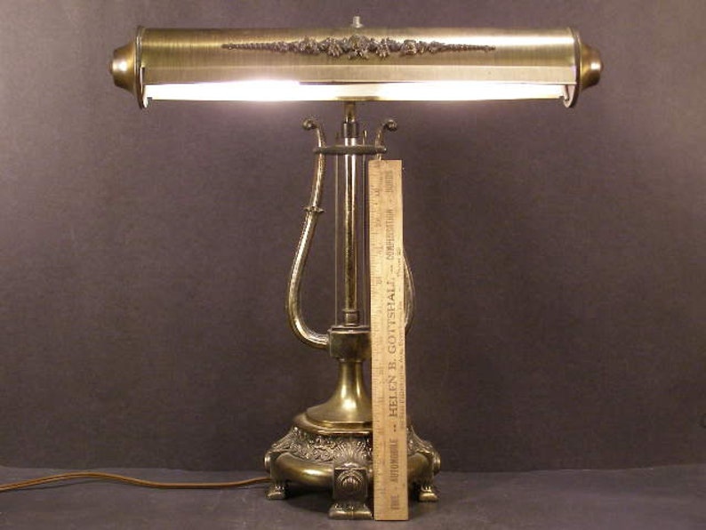 Antique Student Library Mid Century Modern W Telescopic Arm Lyre Harp Desk Lamp