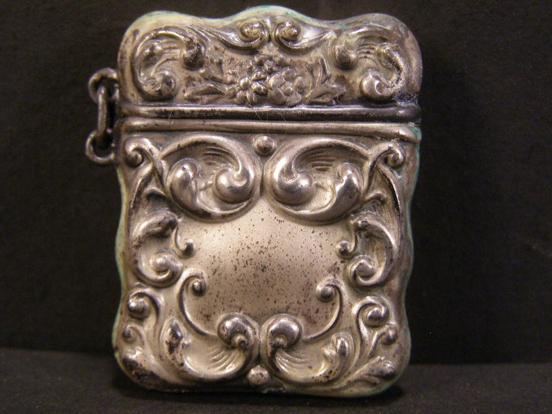 19 c Victorian Sterling Silver Repousse Chatelaine Stamp Holder Case Box Locket