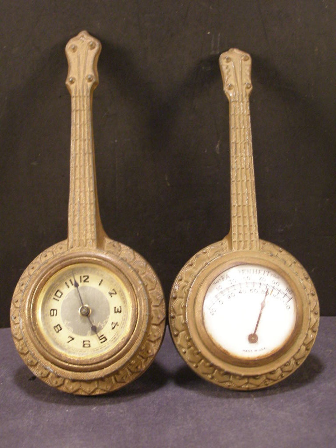RARE Antique Metal Figural Ship Wall Clock & Porcelain Face Barometer ...
