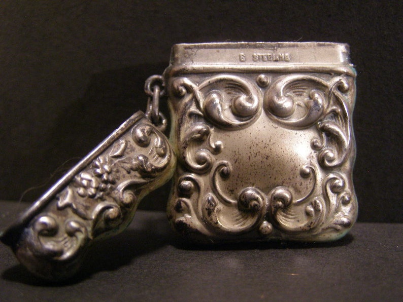 19 c Victorian Sterling Silver Repousse Chatelaine Stamp Holder Case Box Locket