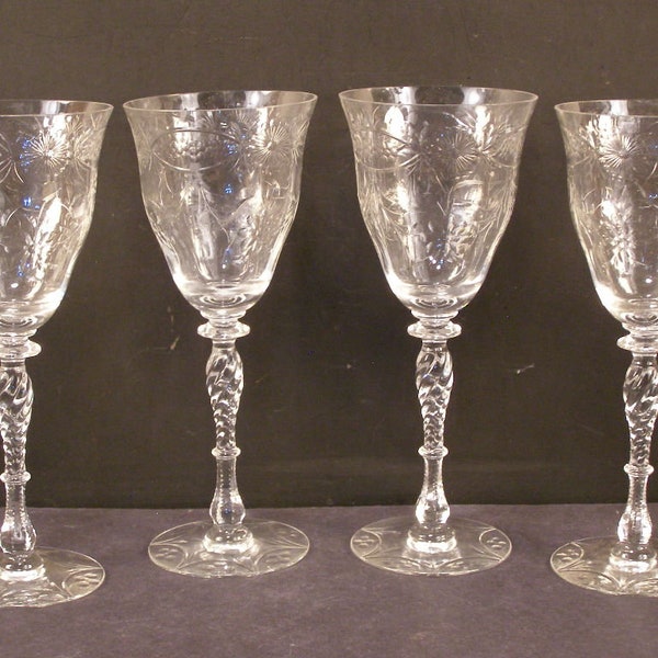 30's Rare Sharpe Rock Crystal Water Goblets Stem Wine Glass Cut Etch Mid Century