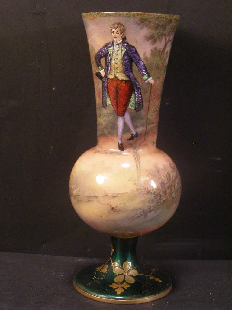 19C Nouveau French Foil Enamel Copper Portrait H-Painting Scenic Limoges Vase