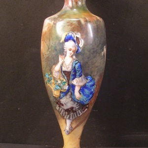 19c Antique French Foil Enamel Copper Girl Portrait Flower Basket Limoges Vase~