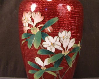 Antique Japan Cloisonne Pigeon Blood Enamel Ando Akasu Ginbari Foil Flower Vase Red