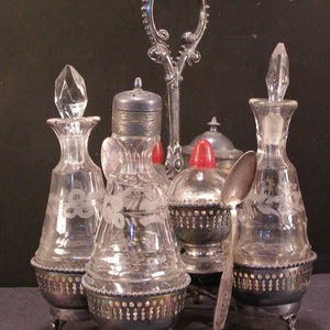 19 c Silver Etch Glass Cruet Bottle Castor Stand Holder Condiment Caddy S&P Set