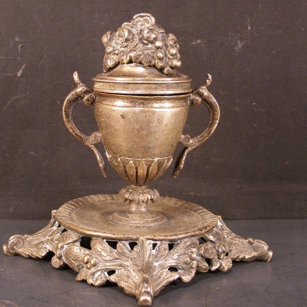 1800's Victorian SOLID BRONZE Flower Basket Urn Paper Weight Ink Well Stand Holder Inkwell